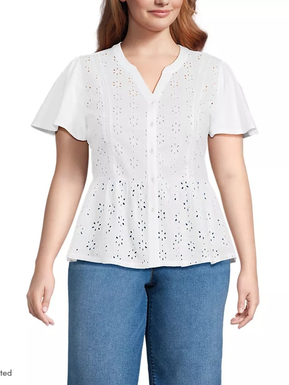 Lands' End Women's White Eyelet Peplum Button-Front Top